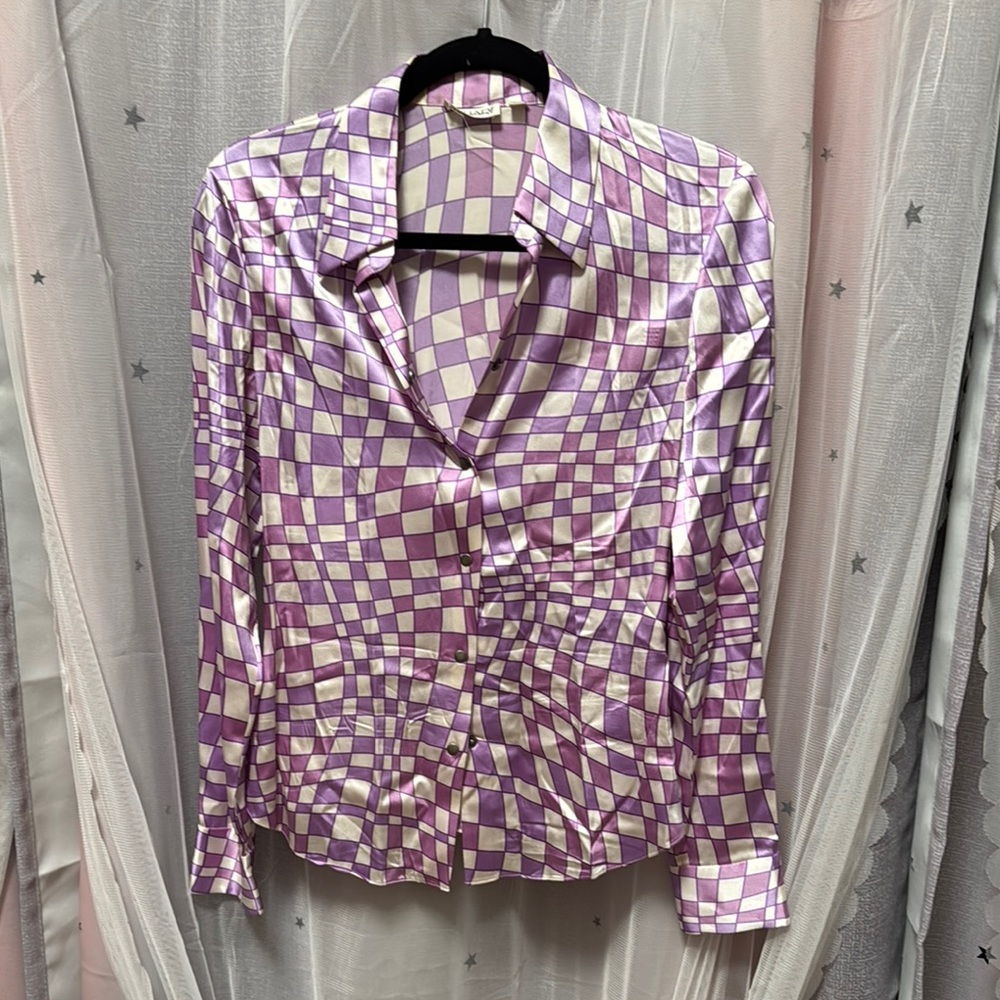 Tahari Purple and White silk Checkered blouse
